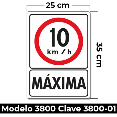 Señal de «10 KM/H MÁXIMA» eleborada en estireno calibre 40  medida de 25 x 35 cm.