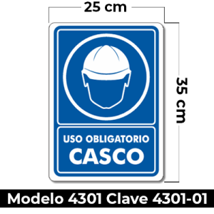 Señal de "USO OBLIGATORIO CASCO" eleborada en estireno calibre 40  medida de 25 x 35 cm.