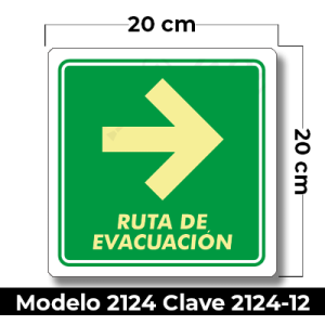 Señal de "RUTA DE EVACUACION DERECHA" eleborada en estireno calibre 40 con fotoluminicente medida de 20 x 20 cm.